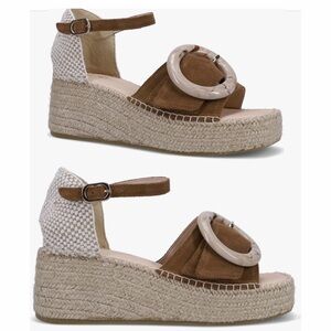 Ron White Juno Espadrille Woven Raffia Suede Ankle Strap Platform Wedge Sandal
